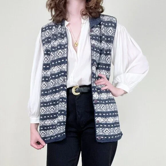 Vintage Oversized Fair Isle Sweater Vest Cardigan Eclectic Coastal Scandinavian - Picture 9 of 9
